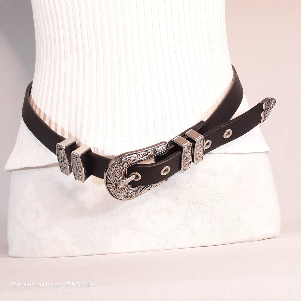 💎Southwestern Style Double Double Loop Belt Womens ML Black Faux Leather